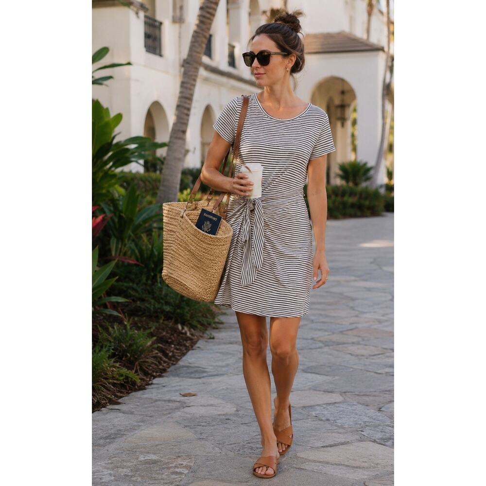 Vince Striped Tie Waist Dress L Coastal Travel Dress Quiet Luxury Resort Style